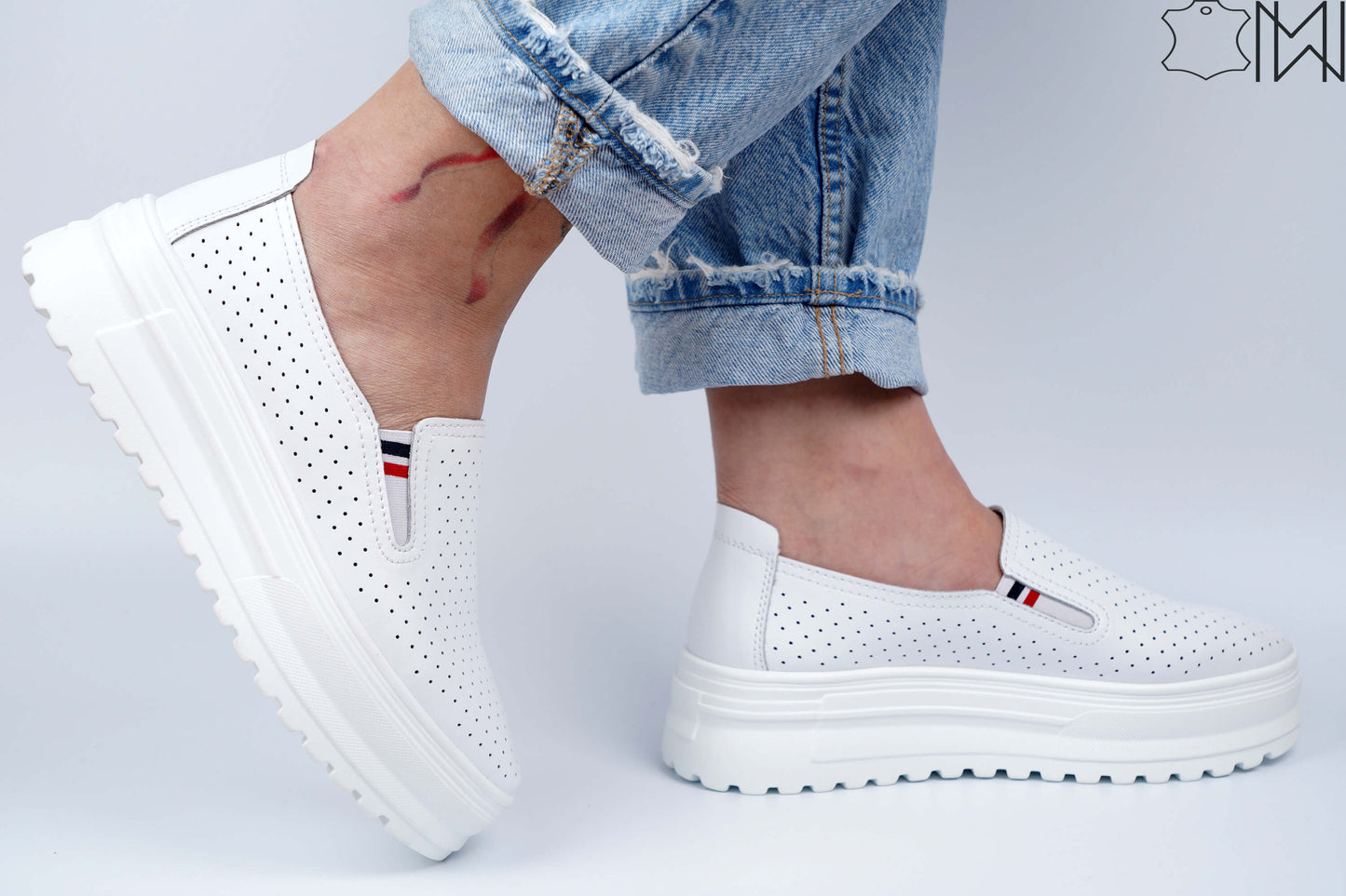 White Leather Perforated Sneakers